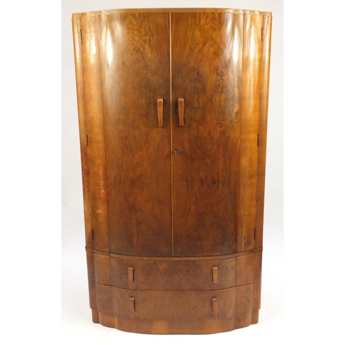 15 - Art Deco Gentleman's walnut two door tallboy wardrobe, fitted with two drawers to the base, 181cm H ... 