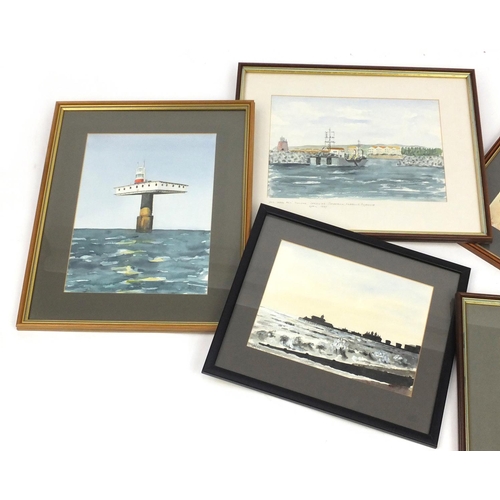 165 - K Last - Five Eastbourne scenes, watercolours on card, each mounted and framed, the largest 35cm x 2... 