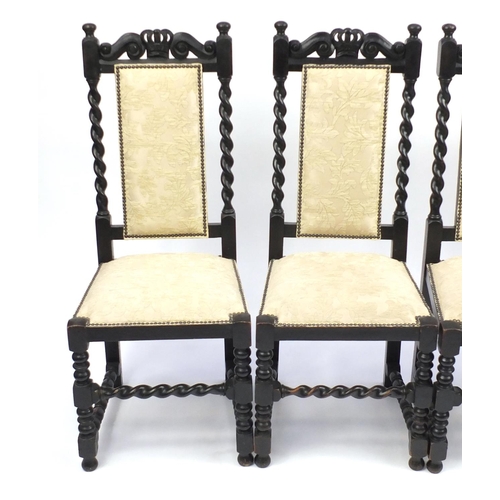 51 - Set of four ebonised oak barley twist dining chairs, with beige floral upholstery, 112cm high