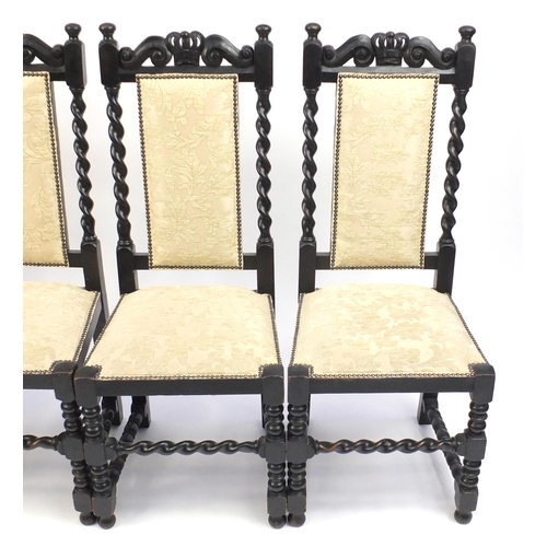 51 - Set of four ebonised oak barley twist dining chairs, with beige floral upholstery, 112cm high
