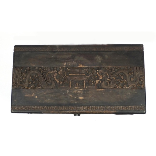 9 - Chinese camphorwood trunk carved with dragons and pagodas, 49cm H x 90cm W x 48cm D
