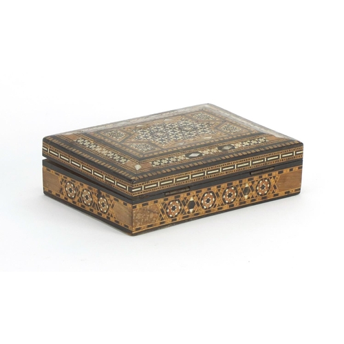 148 - Middle Eastern Vizagapatam style box and cover, with micro mosaic inlay, 16cm wide