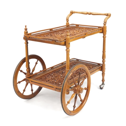 119 - Carved wood two tier tea trolley, 77cm H x 77cm W x 41cm D