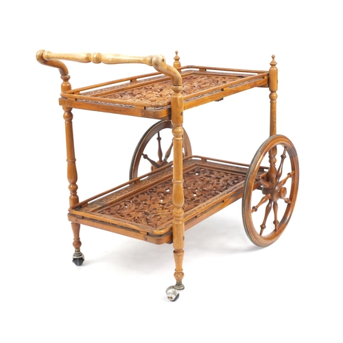 119 - Carved wood two tier tea trolley, 77cm H x 77cm W x 41cm D