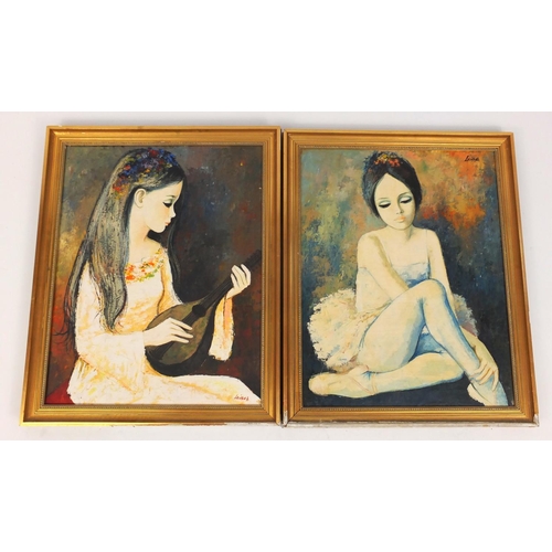 18 - Young girls, pair of oil on canvases, bearing indistinct signatures, framed 60cm x 47cm