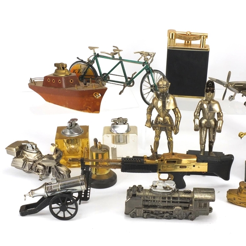 2315 - Vintage and later novelty table lighters including two Knights, train and helicopter design examples