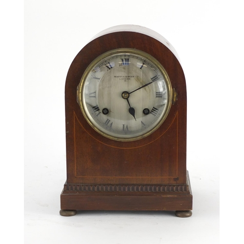 2246 - Inlaid mahogany dome topped chiming mantel clock, retailed by Mappin & Webb of London, 26cm high