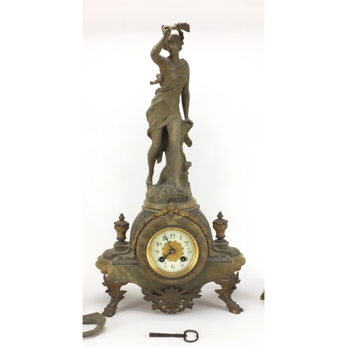2223 - Early 20th century French Spelter and oynx figural clock garniture, after Ernest Justin ferrand, the... 