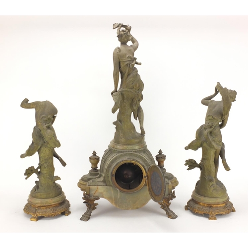 2223 - Early 20th century French Spelter and oynx figural clock garniture, after Ernest Justin ferrand, the... 
