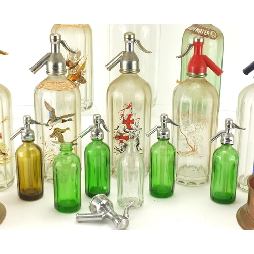 2099 - Vintage soda syphon's including examples decorated with hunting scene, rigged ship and pheasants