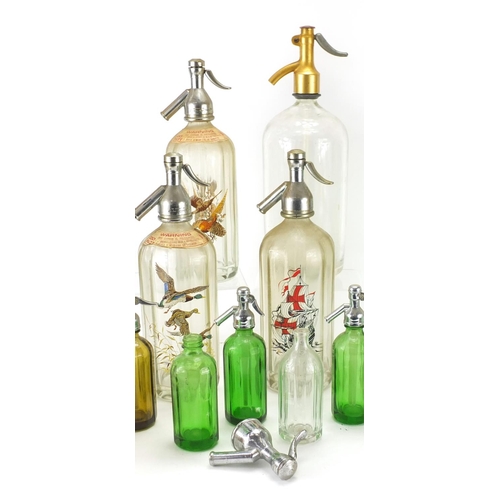 2099 - Vintage soda syphon's including examples decorated with hunting scene, rigged ship and pheasants
