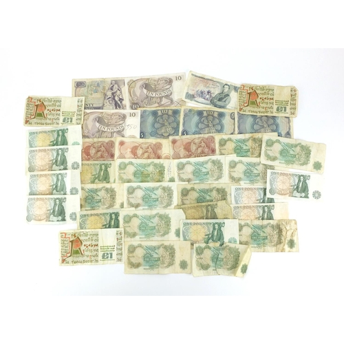 2591 - British banknotes including twenty pounds, ten pounds, five pound, one pounds and ten shillings