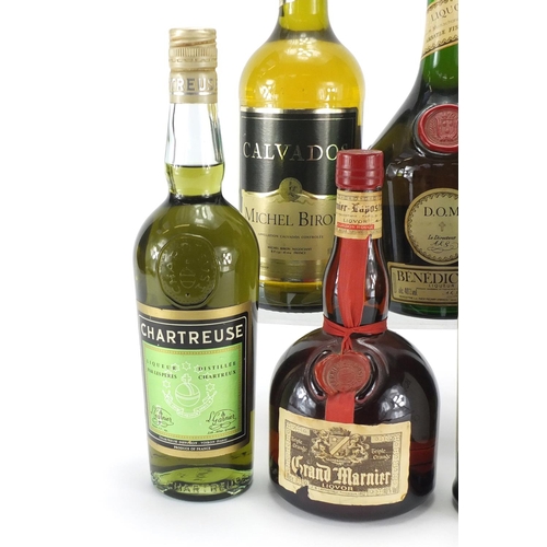 2129 - Six bottles of alcohol including Grand Marnier, Benedictine and Burmester port