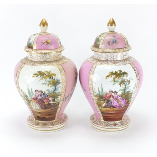 2063 - Pair of Dresden porcelain vases and covers, hand painted with panels of lovers and flowers, each 31c... 