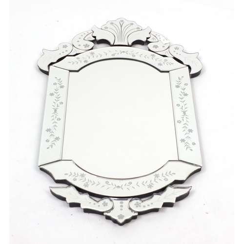 2031 - Venetian design bevelled mirror, etched with flowers, 85cm x 51cm