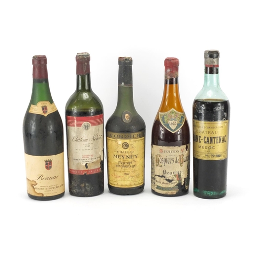 2085 - Five bottles of alcohol including Chateau Brane-Cantenac Medoc 1940 and Chateau Nenin Pomerol 1945