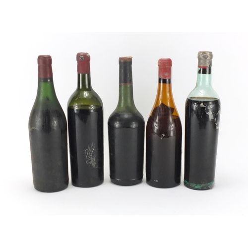 2085 - Five bottles of alcohol including Chateau Brane-Cantenac Medoc 1940 and Chateau Nenin Pomerol 1945
