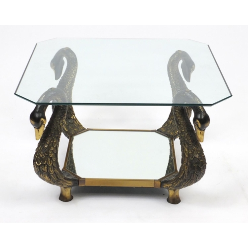 14 - Modern mirrored glass coffee table, with swan neck supports, 40cm H x 65cm W x 65cm D