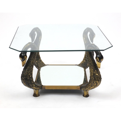 14 - Modern mirrored glass coffee table, with swan neck supports, 40cm H x 65cm W x 65cm D