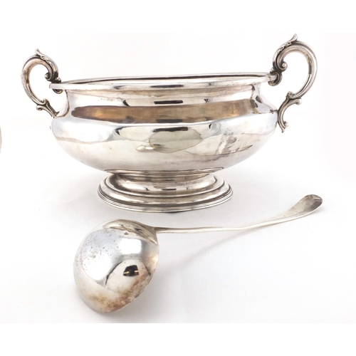 2055 - Elkington & CO silver plated punch bowl with twin handles and ladle, 22cm H X 42.5cm W