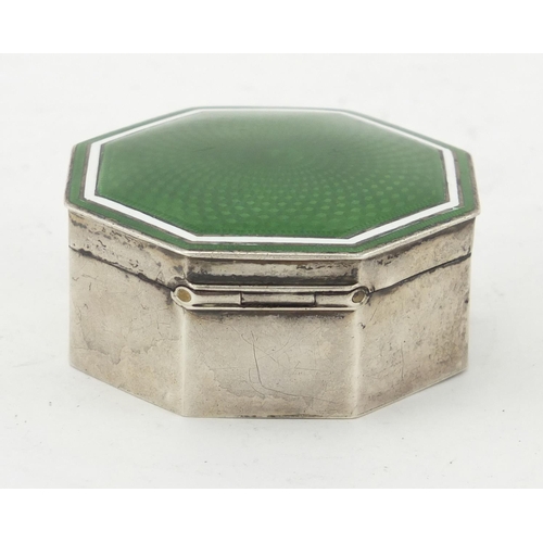 2470 - Octagonal silver and green guilloche enamelled jewel box, with hinged lid, hallmarked Birmingham 191... 