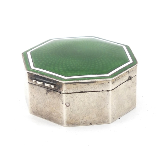 2470 - Octagonal silver and green guilloche enamelled jewel box, with hinged lid, hallmarked Birmingham 191... 