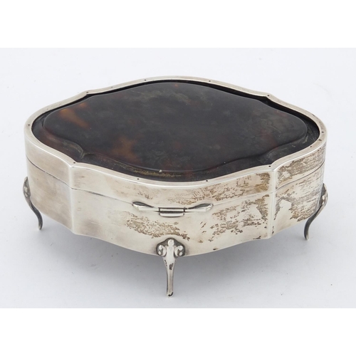 2495 - Silver and tortoiseshell four footed jewel box, with hinged lid, by Levi & Salaman, Birmingham 1919,... 