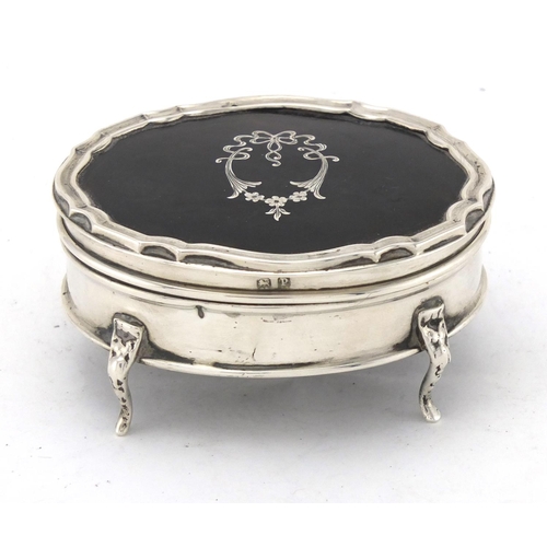 2487 - Oval silver and tortoiseshell four footed jewel box, with hinged lid, indistinct makers mark, Birmin... 