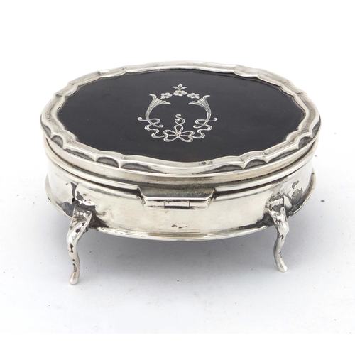 2487 - Oval silver and tortoiseshell four footed jewel box, with hinged lid, indistinct makers mark, Birmin... 