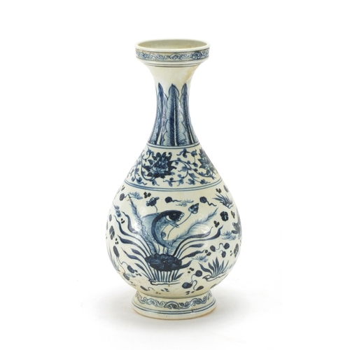 2163 - Chinese blue and white porcelain pear shaped vase, hand painted with fish amongst reeds, 37cm high