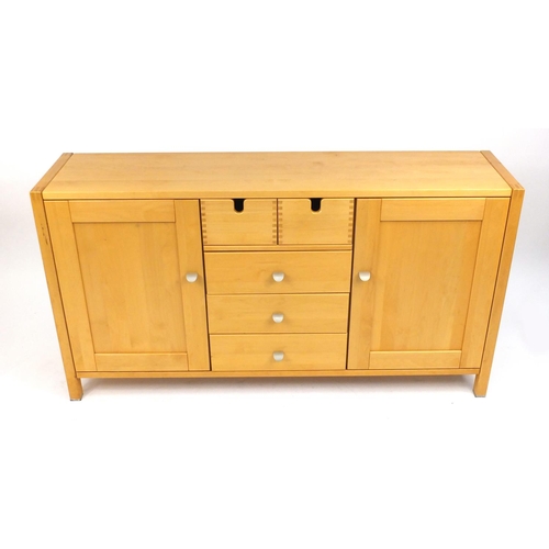 12 - Modern light wood sideboard, fitted with five drawers and a pair of cupboard doors, 86cm H x 159cm W... 