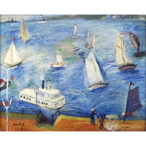 2327 - Continental harbour, oil on board, bearing a signature Nadal, framed, 48.5cm x 39cm