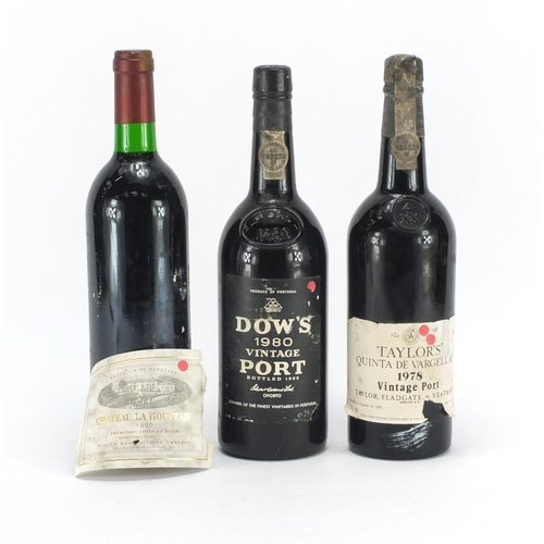 2108 - Bottle of Chateau La Houttaie 1990 Bordeaux red wine and two bottles vintage port, Taylor's Quinta D... 