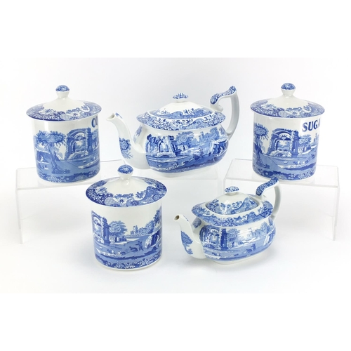 2051 - Copeland Spode Italian pattern teapots and three storage jars