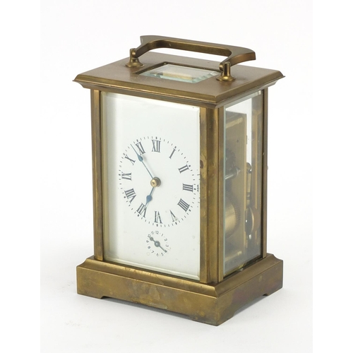 2048 - French brass cased carriage clock with roman numerals and subsidiary dial, 15.5cm high
