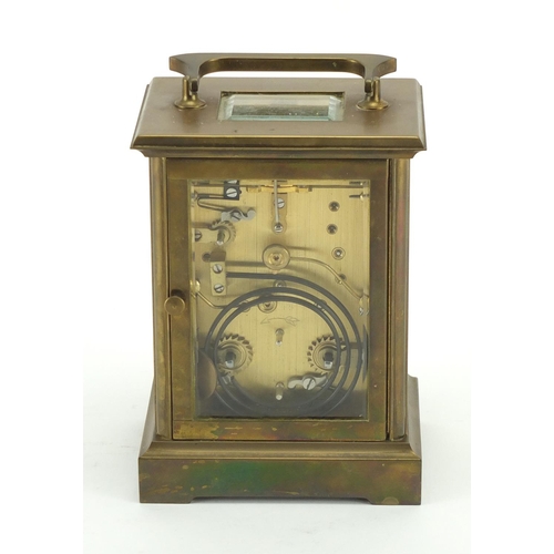 2048 - French brass cased carriage clock with roman numerals and subsidiary dial, 15.5cm high