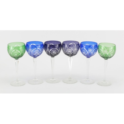 2053 - Set of six colourful flashed cut glasses, each 18.5cm high