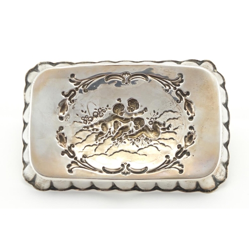 2473 - Victorian rectangular silver pin tray, embossed with putti, by James Deakin & Sons, Chester 1902, 14... 