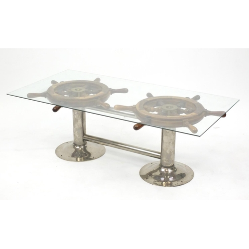 2005 - Ships wheel design coffee table with glass top, 41cm H x 120cm W x 60cm D