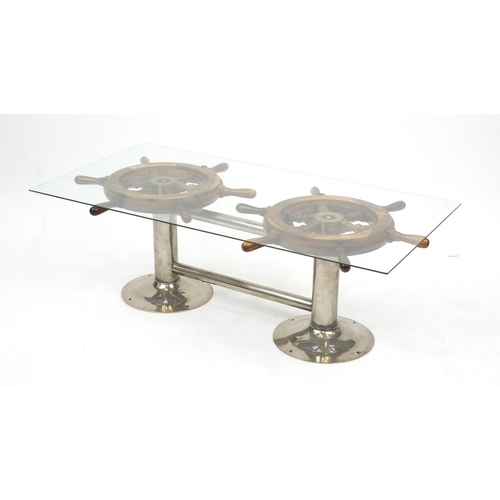 2005 - Ships wheel design coffee table with glass top, 41cm H x 120cm W x 60cm D