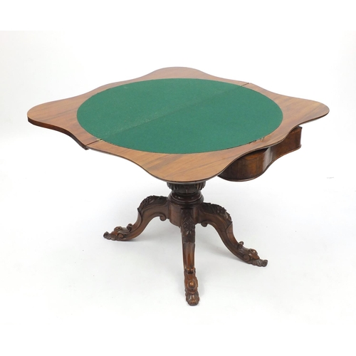 2002 - Victorian inlaid walnut folding card table, with serpentine front and floral carved knees, 70cm H x ... 