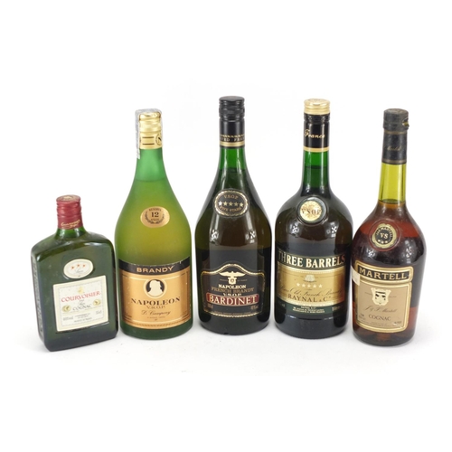 2111 - Five bottles of cognac including Three Barrels, Martel and Courvoisier