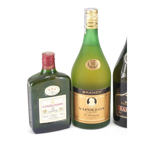 2111 - Five bottles of cognac including Three Barrels, Martel and Courvoisier