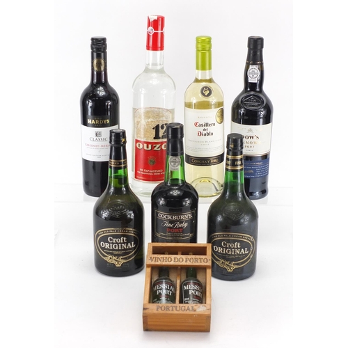 2263 - Seven bottles of port, red wine, white wine and Ouzo and a port gift set