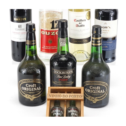 2263 - Seven bottles of port, red wine, white wine and Ouzo and a port gift set
