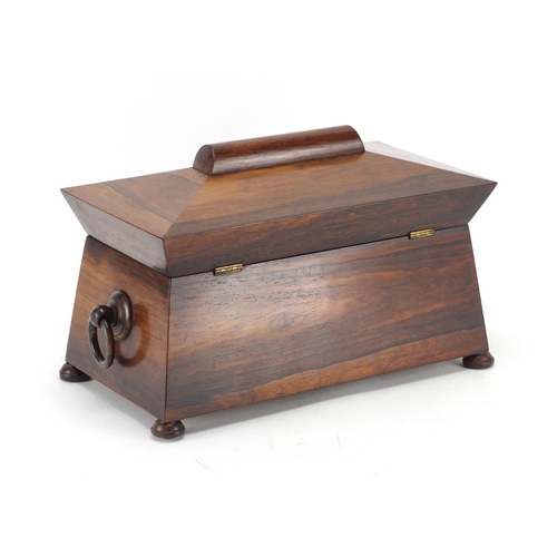 2070 - Victorian rosewood sarcophagus shaped tea caddy, with ring turned handles and fitted interior, 22cm ... 
