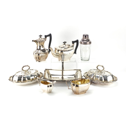 2313 - Silver plated items including a pair of entrée dishes and four piece tea and coffee service