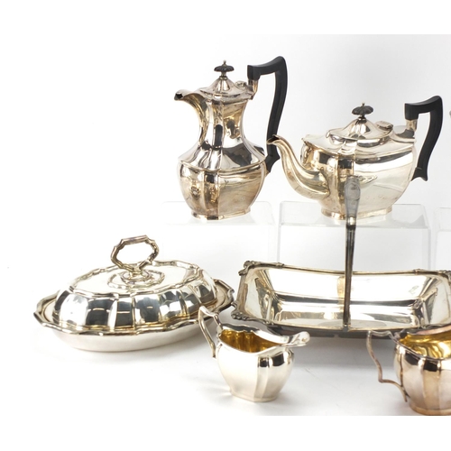 2313 - Silver plated items including a pair of entrée dishes and four piece tea and coffee service