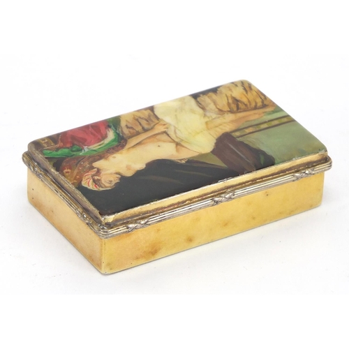 2474 - Rectangular silver gilt box and cover, the lid decorated with a reclining nude female, retailed by A... 