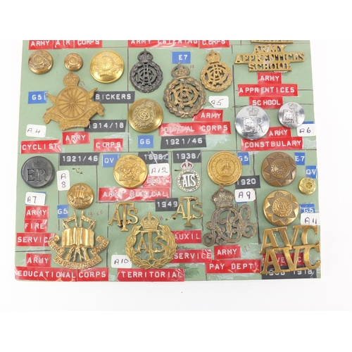 1038 - Sheet of Military interest cap badges and buttons including Army Air Corps, Army cyclist Corps, Fire... 